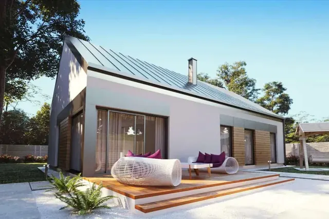 Bungalov Breeze 4+1 se sedlovou střechou, terasou, světlou fasádou a dřevěnými prvky u oken