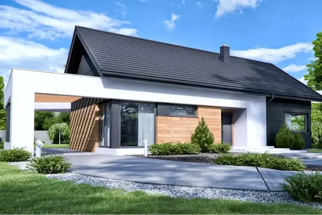 Bungalov Onyx 4+1 se sedlovou střechou, světlou fasádou, dřevěnými prvky a přístřeškem na auto