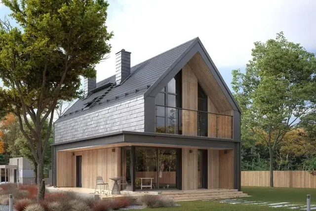 Patrový dům Element 4+1 s dřevěným obkladem, sedlovou střechou a obytnou částí orientovanou do zahrady